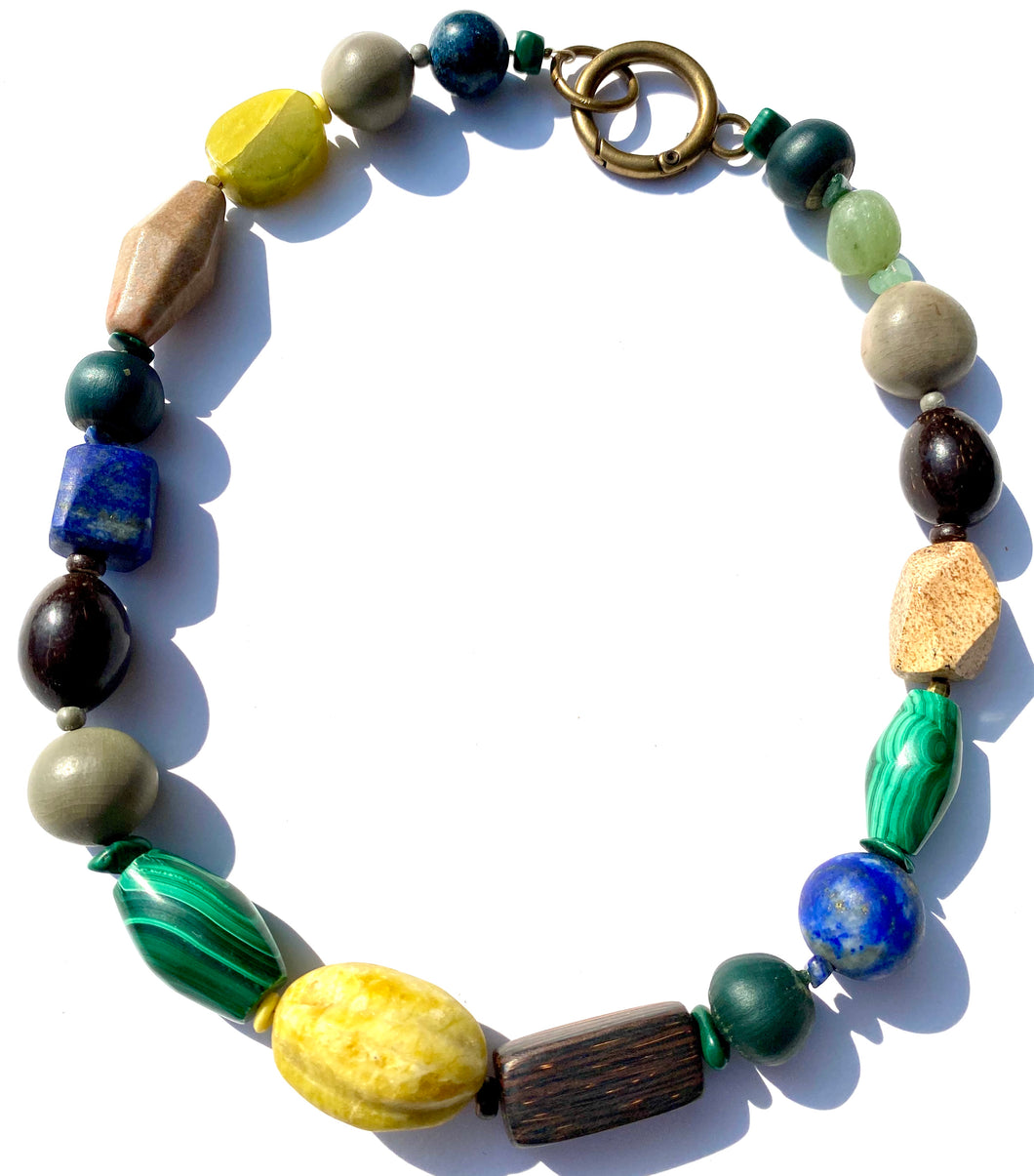 Semi precious stone, seed and wood necklace